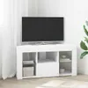 A white corner TV stand with a black TV on top, placed in a room with white curtains and a plant. Podgląd zdjęcia produktu