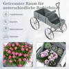 A wooden wagon planter filled with pink and purple flowers, with text and icons describing its uses. Voir les images du produit