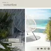 A split image showing a chair in the rain on the left and a chair by the ocean on the right, with text and icons highlighting features. Náhled obrázku produktu