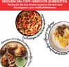 Collage of three different dishes prepared using a multi-cooker, with German text describing the cooking methods. Produktbild-Vorschau