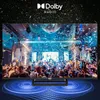 A TV displaying a party scene with confetti, with Dolby Audio branding and sound wave graphics. Produktbild-Vorschau