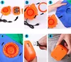 Collage of 6 images showing how to assemble and use an inflatable costume blower. Produktbild-Vorschau