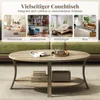 A collage of four images showing different room settings where the coffee table can be used, with the actual coffee table shown in the foreground. Produktbild-Vorschau