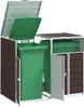 Two outdoor trash bin enclosures, one larger and one smaller, with one bin visible in each. The larger enclosure has its lid and front doors open, revealing a green trash bin. The smaller enclosure has its front doors open, revealing a green trash bin insi Podgląd zdjęcia produktu
