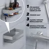 A collage of images showing a silver shower organizer with bottles and a razor, and a close-up of the organizer mounted on a tiled wall. Produktbild-Vorschau