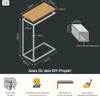 Diagrams and icons illustrating a DIY project for a C-shaped side table, including dimensions, material details, and application examples. Produktbild-Vorschau