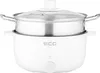 A white electric pot with a steaming insert and a glass lid is shown against a white background. Produktbild-Vorschau