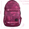 A purple backpack with a pink abstract pattern, shown from the front with measurement annotations and feature callouts. Anteprima dell’immagine prodotto