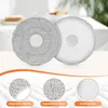 Two round microfiber mop pads are shown, one with a textured gray surface and a central hole, and another with a white backing and a fringed edge. Below these are three close-up circular insets highlighting the texture and attachment of the pads, with Germ Produktbild-Vorschau