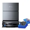 A robot vacuum cleaner and a gift box containing accessories are displayed against a white background. Produktbild-Vorschau