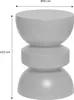 A grey, hourglass-shaped side table with dimensions indicated by measurement lines and text. Produktbild-Vorschau