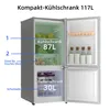 An open refrigerator showing its compartments and contents, with labels indicating capacity and zones. Produktbild-Vorschau