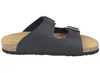 A black sandal with two adjustable straps and a cork sole is shown from the side against a white background. Produktbild-Vorschau
