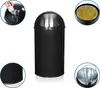 A collage of images showing a black trash can with a silver lid, a hand throwing crumpled paper into it, the inside with a yellow liner, and a close-up of the base. Produktbild-Vorschau