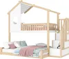A bunk bed with a house-like design, featuring a top bunk with a railing and a white facade with a window, and a bottom bunk with bedding. A staircase with storage compartments is attached to the side. Náhled obrázku produktu