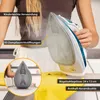 A person is holding a steam iron over a yellow garment, with steam rising from the iron. Close-up inset shows the soleplate of the iron. Text overlays highlight product features. Produktbild-Vorschau