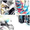 A collage of four watercolor illustrations, each depicting a close-up detail of a camera or camera-related elements. The style is abstract and artistic, with bold lines and vibrant splashes of color. Produktbild-Vorschau