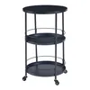 A black metal serving cart with three round shelves and wheels. Voir les images du produit