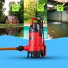 A red submersible pump is shown in the foreground, with a collage of three different water-related scenes in the background: a house by a pond, a swimming pool, and a flooded basement. Checkmarks are present in green boxes over each background scene. Podgląd zdjęcia produktu
