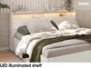 A bedroom scene featuring a white bed with a headboard that has integrated LED lighting. Produktbild-Vorschau