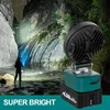 A person is standing in a stream in a rocky gorge at night, shining a powerful LED work light into the distance. The work light, powered by a Makita battery, is in the foreground. Produktbild-Vorschau