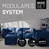 A modular sofa system displayed in a living room setting, with text overlays highlighting features. Produktbild-Vorschau