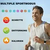 A man is running outdoors, with icons and text indicating smartwatch features like steps, distance, and calories. Produktbild-Vorschau