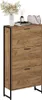 A tall, narrow shoe cabinet with three flip-down drawers, made of wood-look material with black metal framing and legs. It is decorated with a vase of flowers, a diffuser, and a handbag on top. Anteprima dell’immagine prodotto
