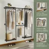 A wall-mounted industrial-style garment rack with shelves, displaying clothing and accessories. Produktbild-Vorschau