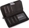 An open black leather wallet with multiple card slots and a clear ID window. Produktbild-Vorschau