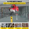 An electric hoist and trolley system is shown suspended from a beam, with a warehouse-like background. Four smaller images at the bottom depict different applications: car manufacturing, warehouse storage, logistics, and construction sites. Náhľad obrázku produktu