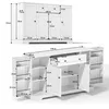 Two views of a white sideboard/cabinet with dimensions indicated by lines and text. Náhľad obrázku produktu