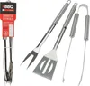 A set of three stainless steel barbecue utensils is displayed against a white background, with packaging on the left. Anteprima dell’immagine prodotto