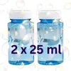 Zwei kleine blaue Plastikflaschen mit Seifenblasenlösung und weißen geriffelten Verschlüssen, umgeben von schwebenden Blasen, mit Textüberlagerung '2 x 25 ml' Náhled obrázku produktu