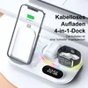 A white 4-in-1 wireless charging dock with a phone, earbuds, and a smartwatch placed on it. The phone is showing a charging icon and battery percentage. Produktbild-Vorschau