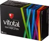 A product box for men's vitamins, featuring a black background with colorful diagonal lines and product information. Produktbild-Vorschau