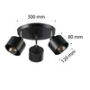 A black three-headed ceiling light fixture with dimensions indicated by measurement lines and text. Podgląd zdjęcia produktu