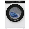 A front view of a white Gorenje washing machine with a black door and control panel. Blue laundry is visible inside the drum. Produktbild-Vorschau