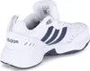 A white Adidas sneaker with blue stripes and sole. Voir les images du produit