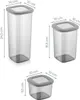 Three clear plastic food storage containers of different sizes are shown with dimensions indicated by measurement lines and text. Produktbild-Vorschau