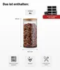 A glass jar filled with cereal, with dimensions and feature icons shown. Produktbild-Vorschau