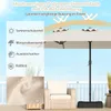 A rectangular patio umbrella with a beige canopy is shown, with features listed on the left side of the image. A wicker chair and some plants are also visible. Náhled obrázku produktu