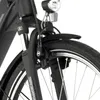 A close-up view of the front fork, headlight, and front wheel of a black bicycle. Produktbild-Vorschau