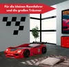 A child's race car bed is shown in a room with a large window and a television displaying a car. Produktbild-Vorschau
