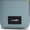 A close-up of a light blue bag with a black label. Voir les images du produit