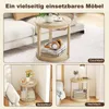 A collage of three images showing a round side table in different settings: next to a sofa, in a corner with a chair, and next to a bed. Podgląd zdjęcia produktu