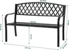 A diagram of a dark gray metal garden bench with dimensions indicated by measurement lines and text. Produktbild-Vorschau