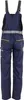 A back view of navy blue overalls with yellow trim and gray straps. Produktbild-Vorschau