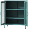 An open teal metal cabinet with glass doors and adjustable shelves. Náhled obrázku produktu