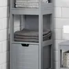 A close-up view of a gray bathroom cabinet with folded towels on shelves and a drawer. Produktbild-Vorschau